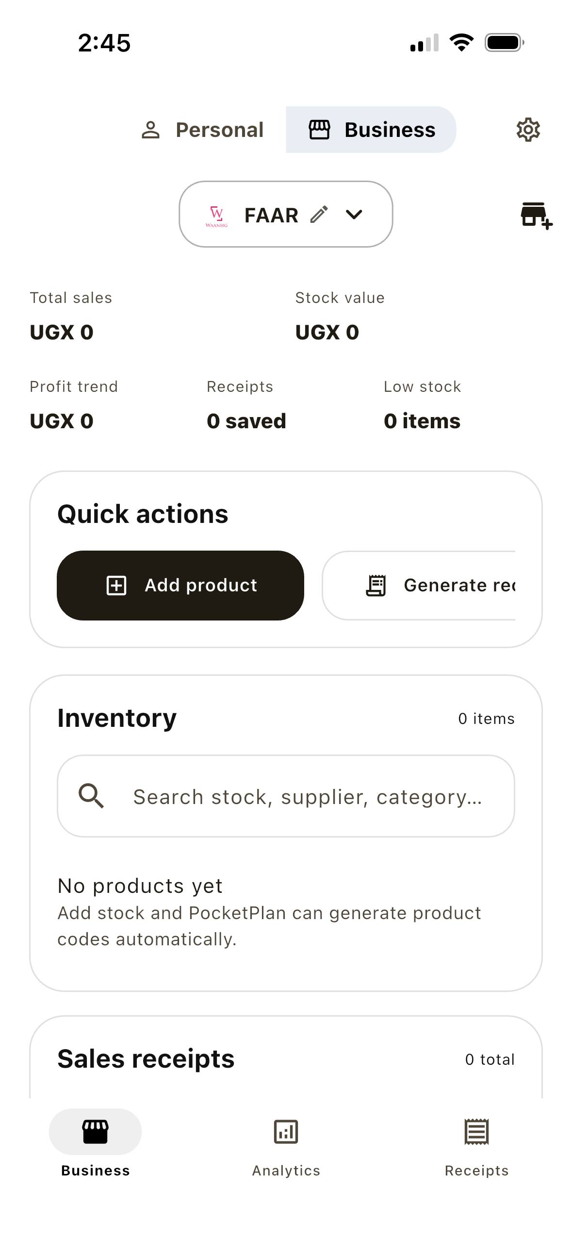 Pocket Plan POS POS and products screen