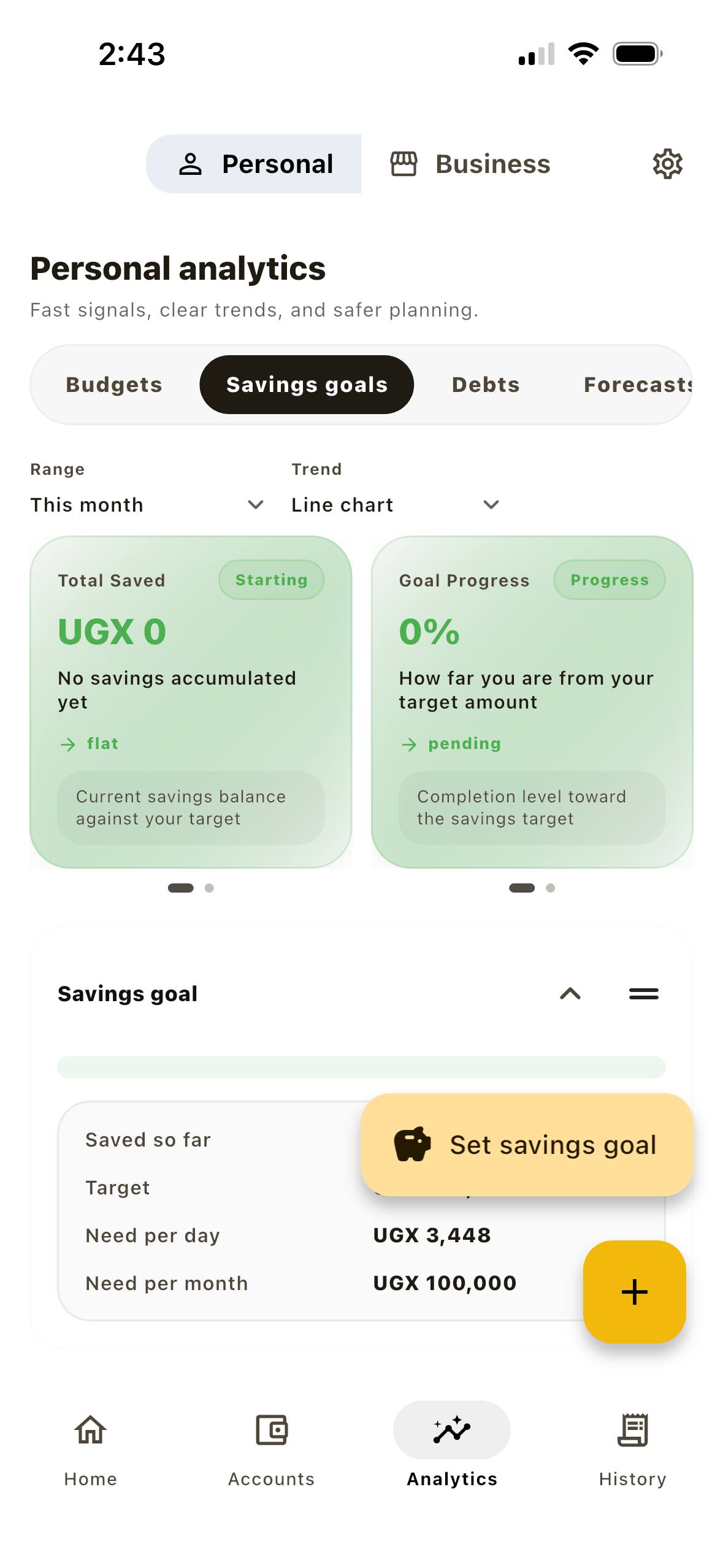 Pocket Plan POS planning and savings screen